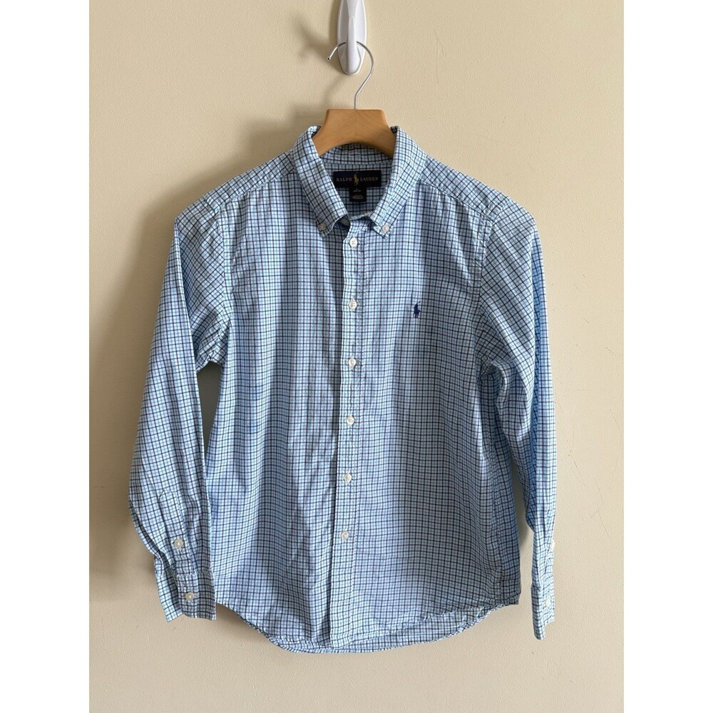 Ralph Lauren Boys L Long Sleeve Oxford Shirt Plaid White/Blue Pony Logo 14/16